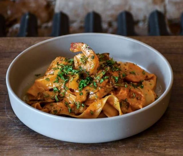 Pappardelle Mare e Monti (Shrimp and Mushroom Pappardelle).