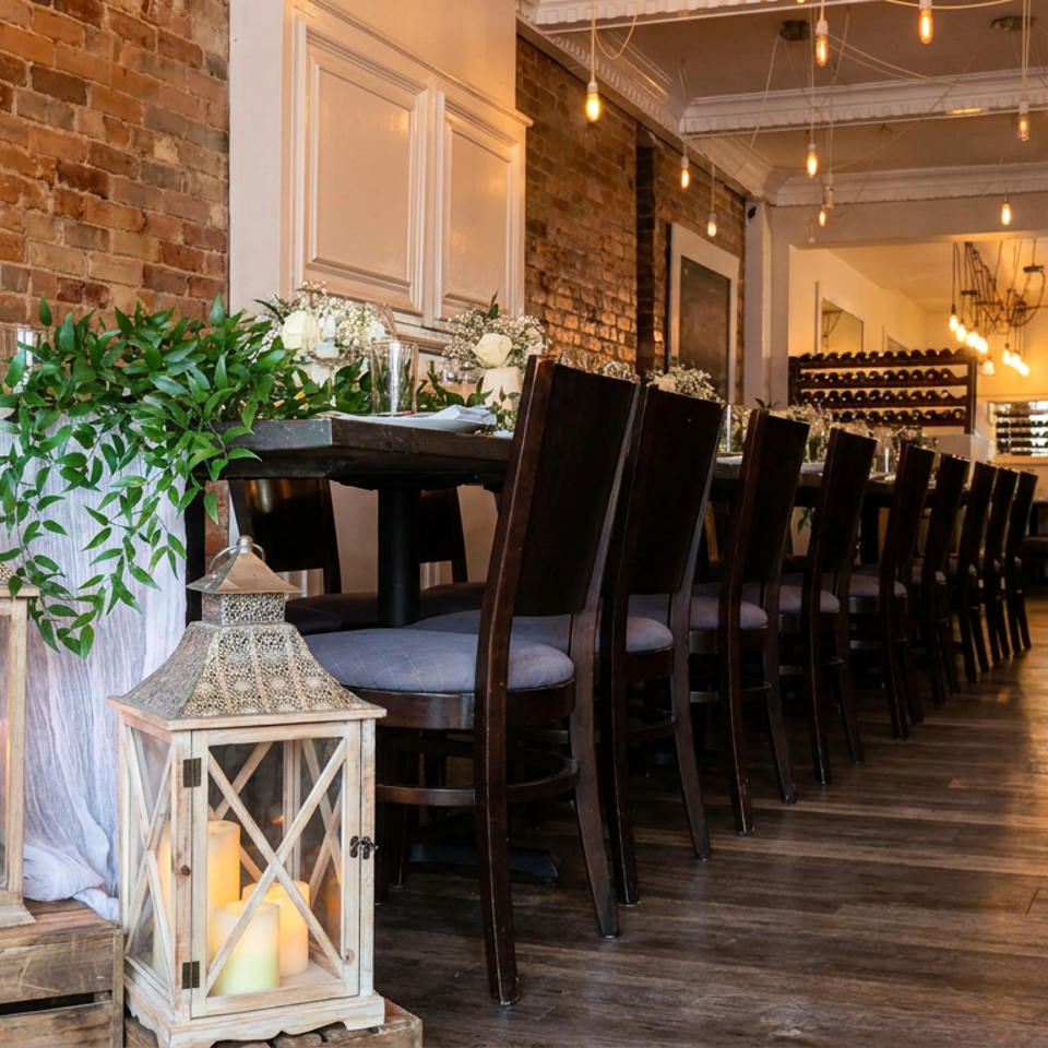 Warmly lit restaurant dining room with exposed brick walls, dark wood tables, wine racks, hanging bulbs, and candlelit lanterns.
