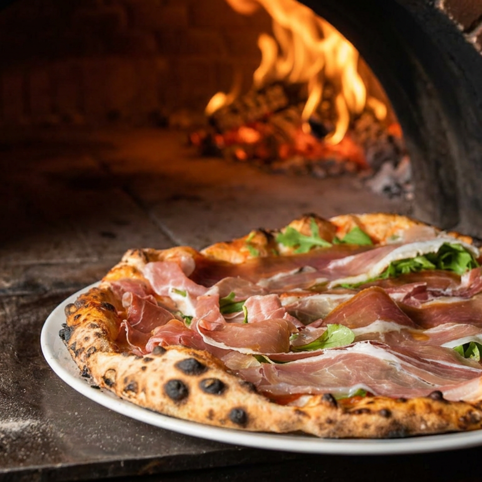 Wood-fired pizza topped with prosciutto and greens rests on a plate inside a brick oven with flames burning behind it.