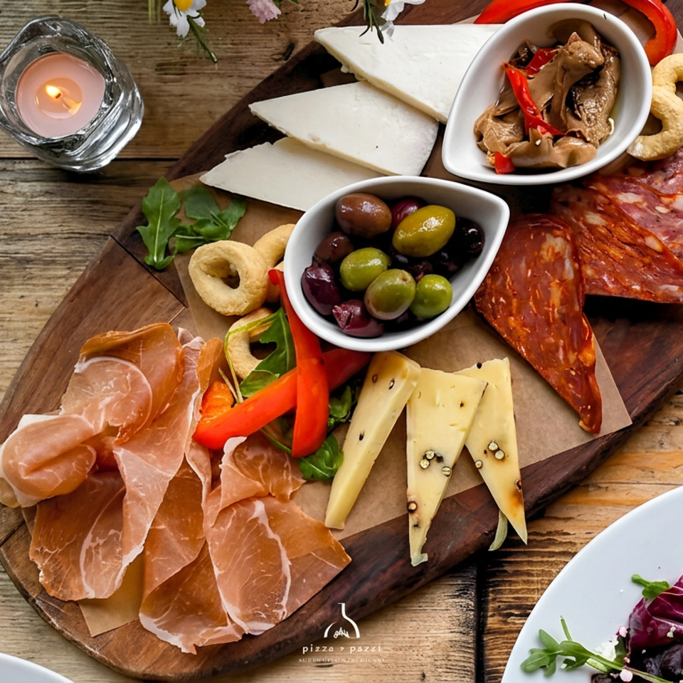 Charcuterie board with cured meats, cheeses, olives, roasted peppers, bread rings, and salad on a rustic wooden table.