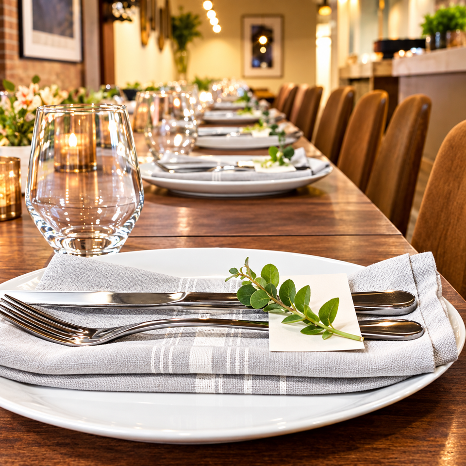 Elegant restaurant table set with white plates, folded gray napkins, polished silverware, greenery, and glowing candles.